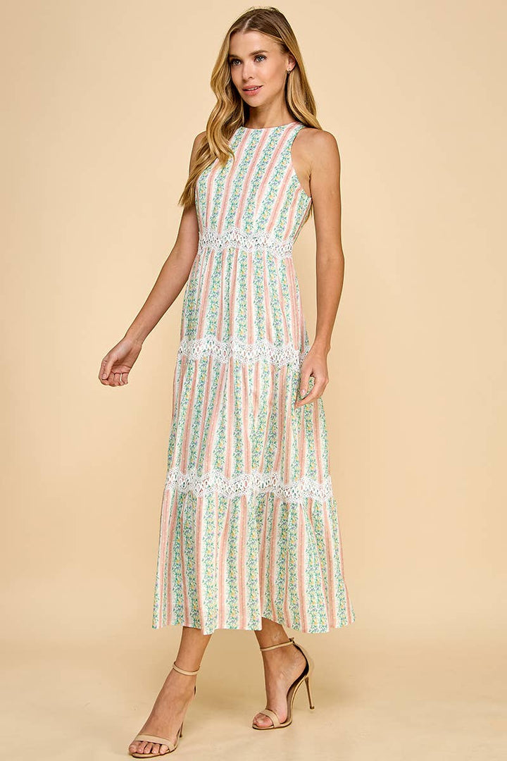 CD05287-Floral Stripe Print Scallop Lace Accent Midi Dress