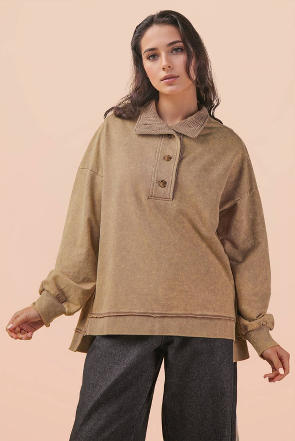 Very J Mock Neck Mineral Washed Knit Top