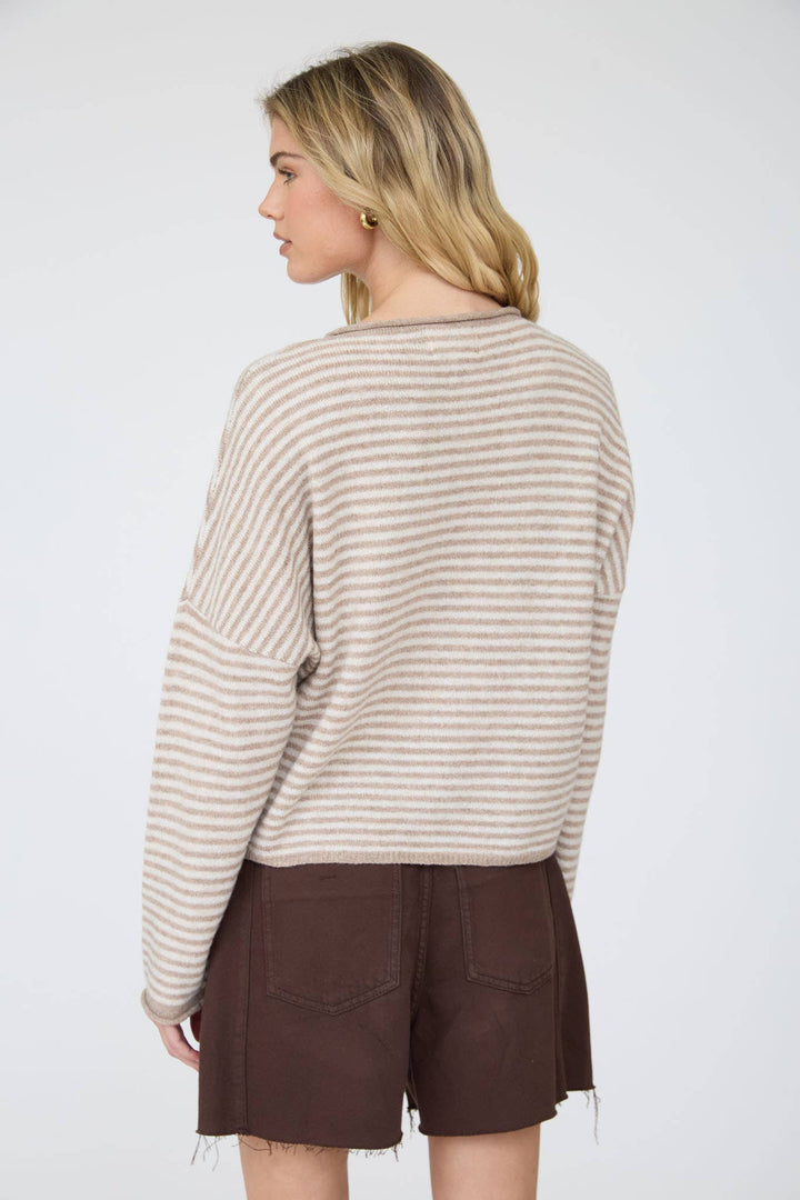 STRIPE RAW EDGE DROP SHOULDER KNIT CARDIGAN