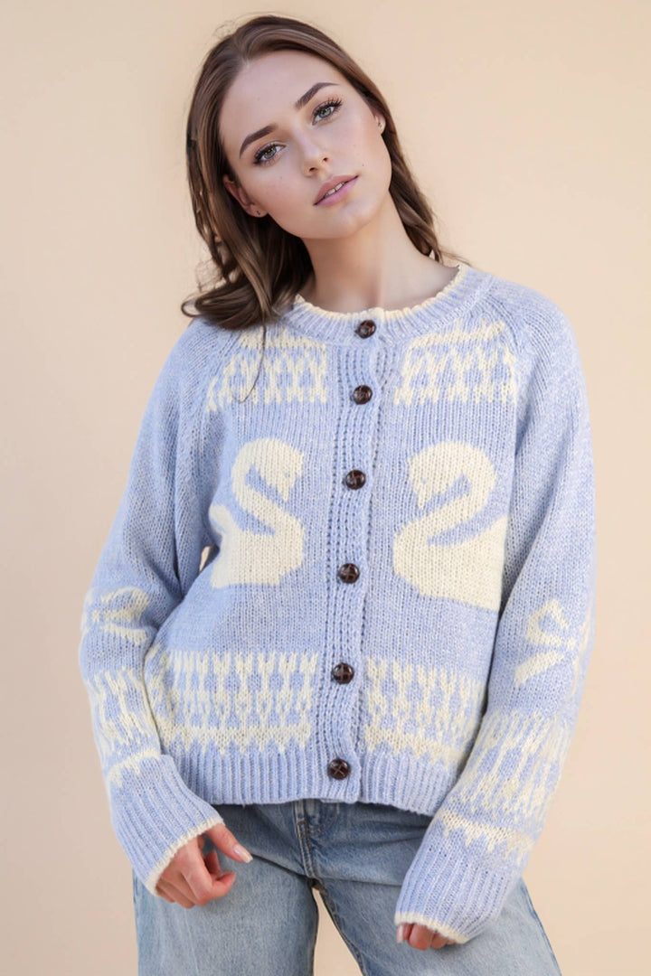 Very J Oversized Graphic Swan Sweater Cardigan