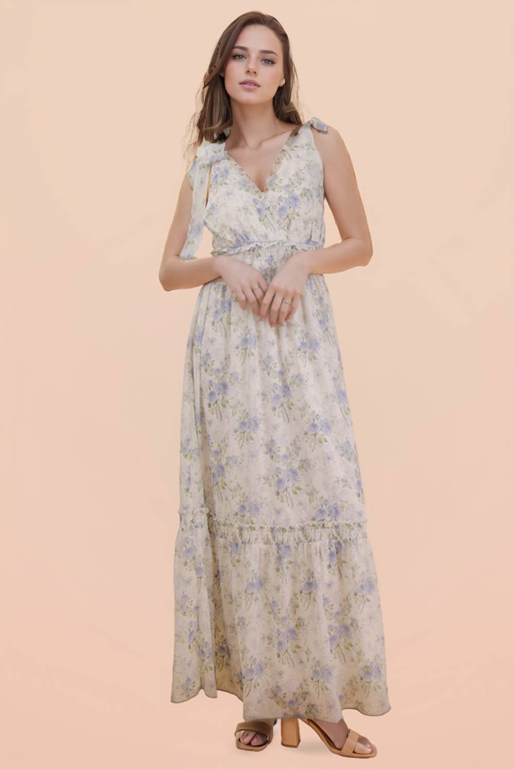 Floral Blue Printed Shoulder Strap Midi Dress