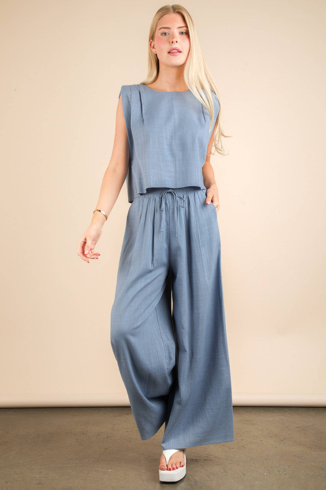 NT12090SET-Solid Woven Top & Pants Set
