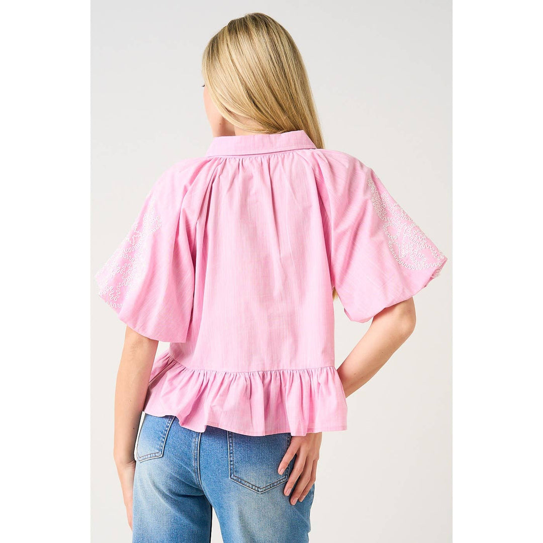 EMBROIDERY BUBBLE SLEEVE PEPLUM BUTTON DOWN SHIRT