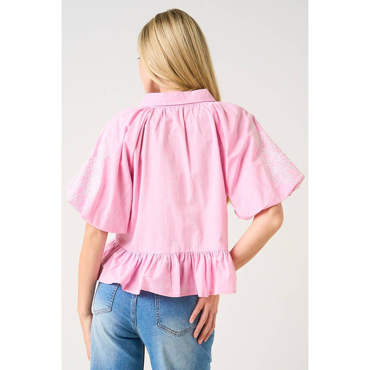 EMBROIDERY BUBBLE SLEEVE PEPLUM BUTTON DOWN SHIRT