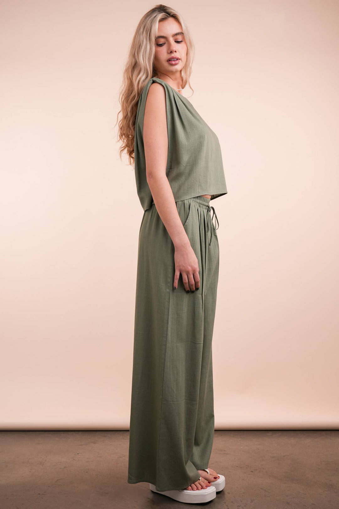NT12090SET-Solid Woven Top & Pants Set