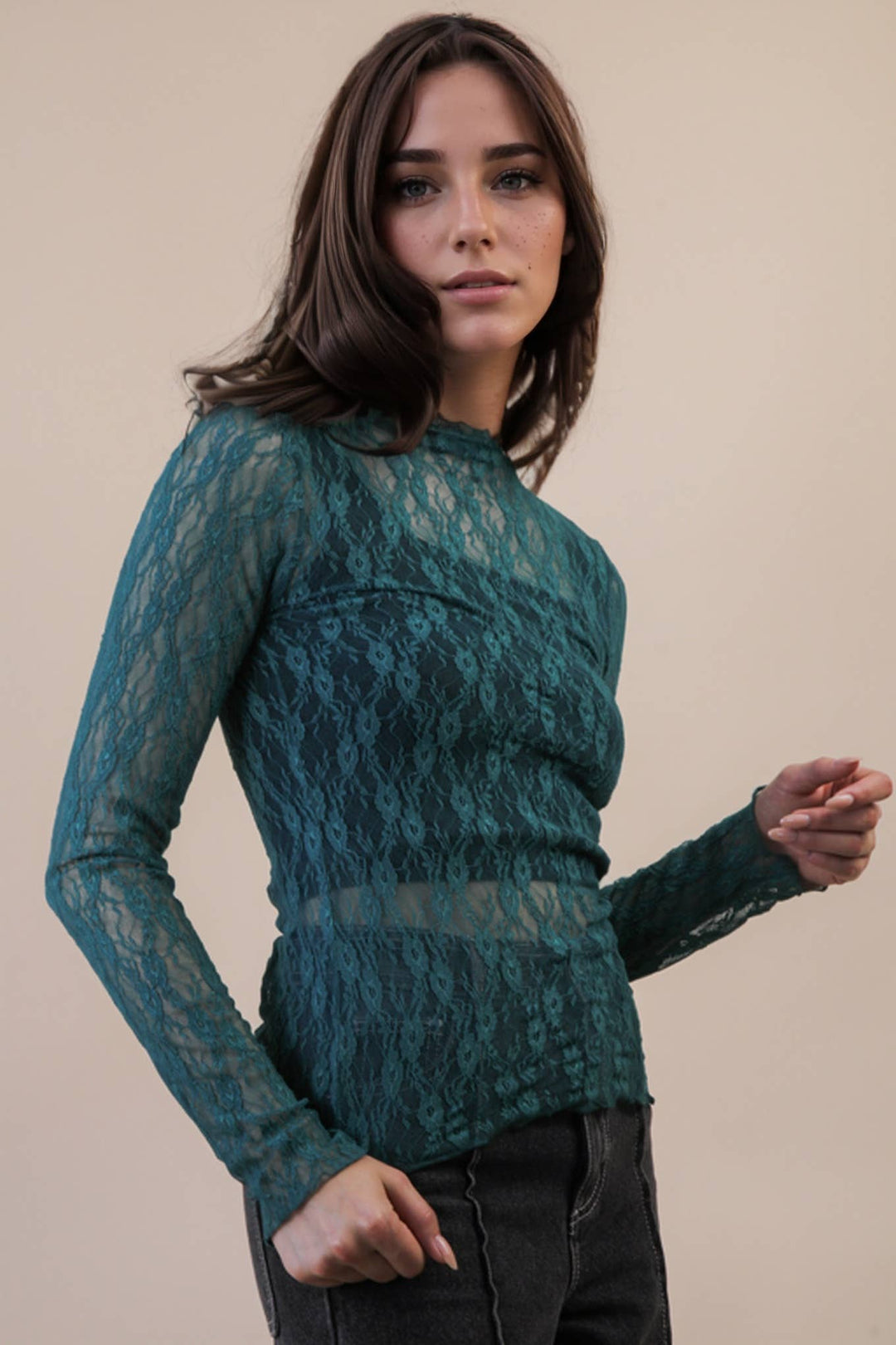 Very J Fitted Sheer Mesh Lace Top