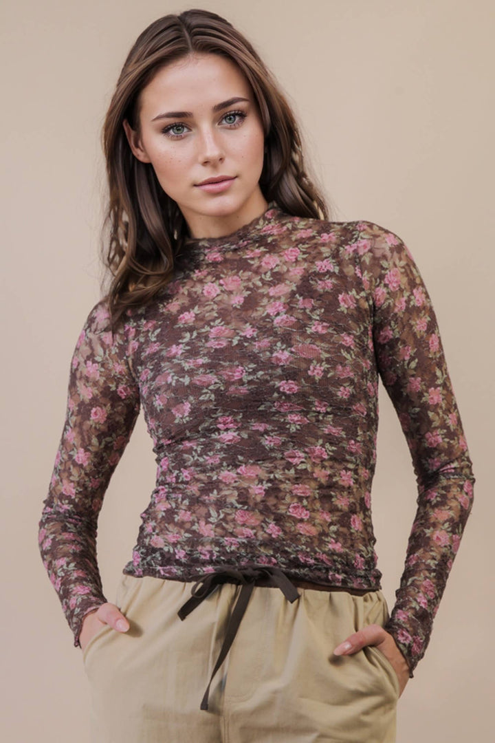 Very J Fitted Sheer Mesh Lace Top