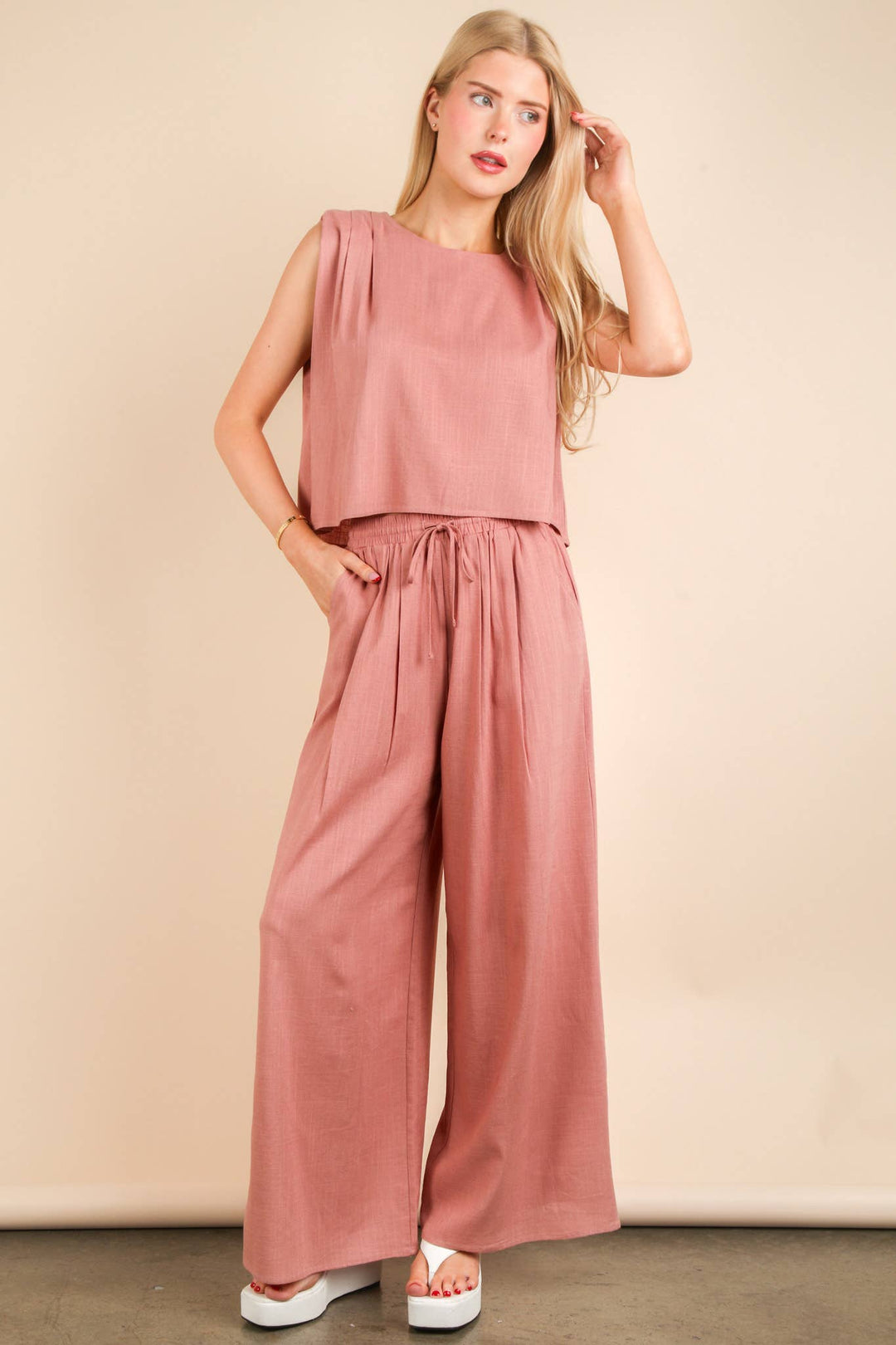 NT12090SET-Solid Woven Top & Pants Set