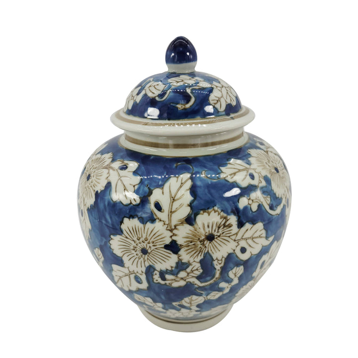 Blue & White Ceramic Chinoiserie Floral Jar 10"