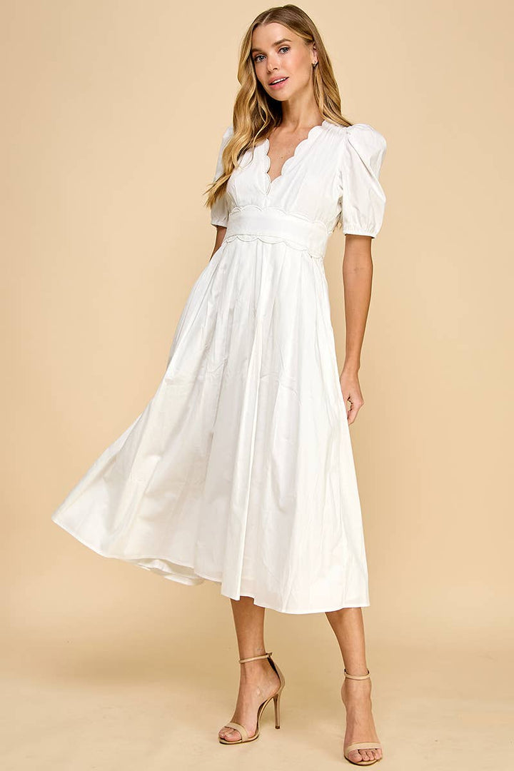 -V Neckline Scalloped Detail Midi Dress