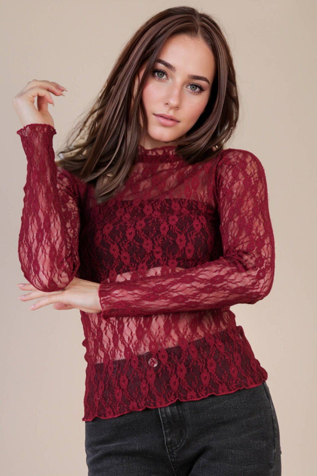 Very J Fitted Sheer Mesh Lace Top