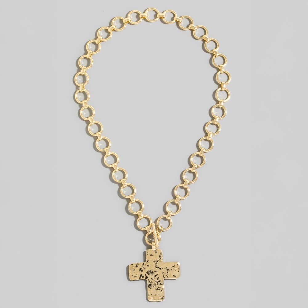 Hammered Cross Pendant Toggle Chain Necklace
