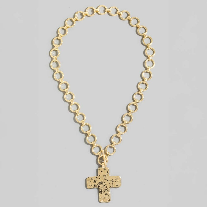 Hammered Cross Pendant Toggle Chain Necklace