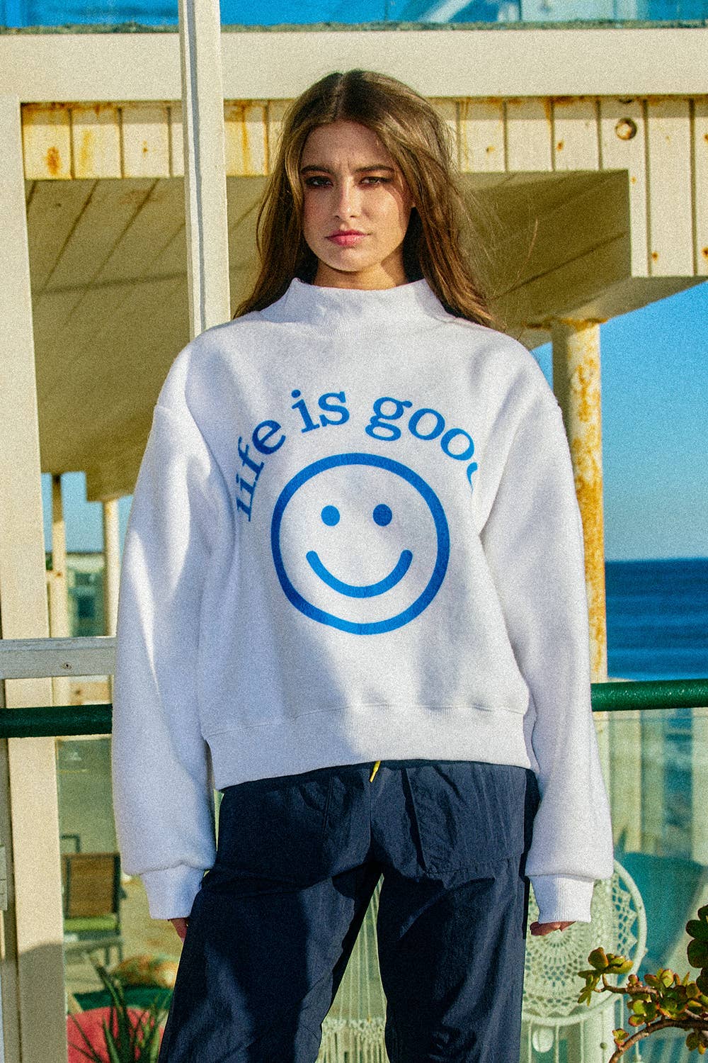 Reversible Graphic Mock-Neck Crop Sweatshirt