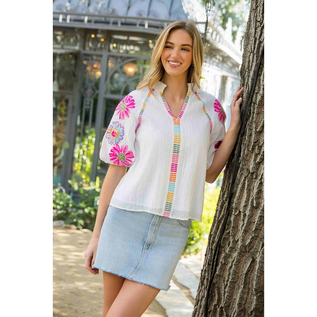 Embroidered Puff Sleeve Textured Floral Top