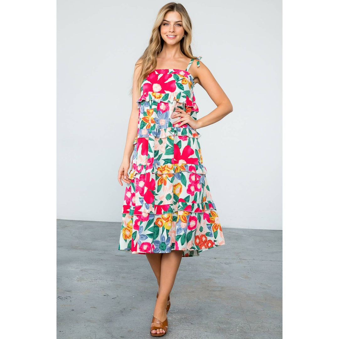 Mint Floral Midi Dress with Ruffle Tiers and Straps