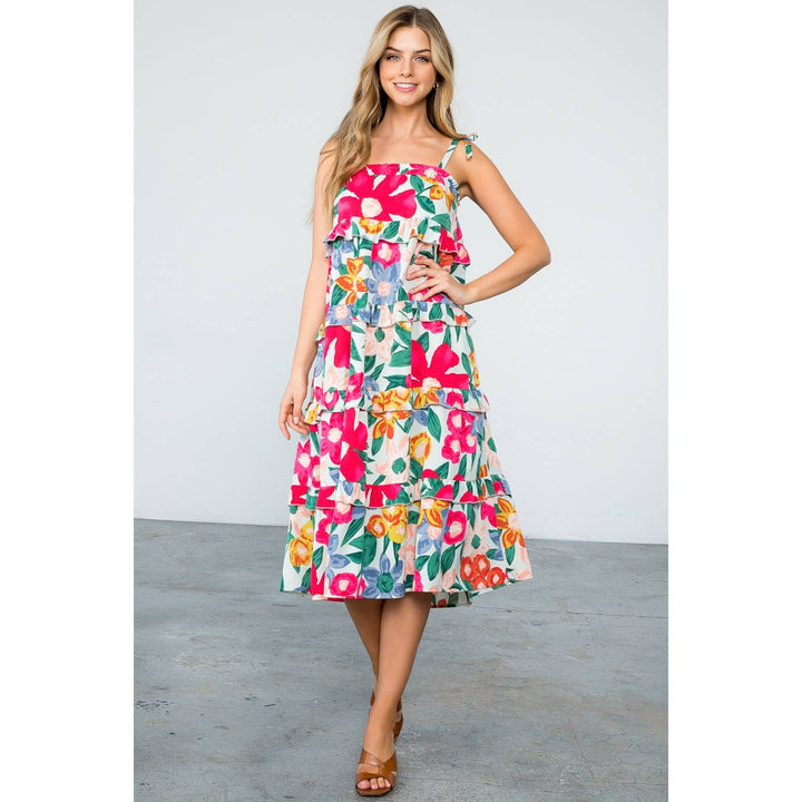 Mint Floral Midi Dress with Ruffle Tiers and Straps