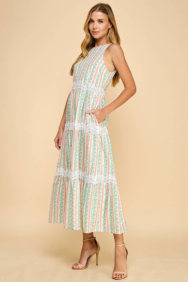 CD05287-Floral Stripe Print Scallop Lace Accent Midi Dress