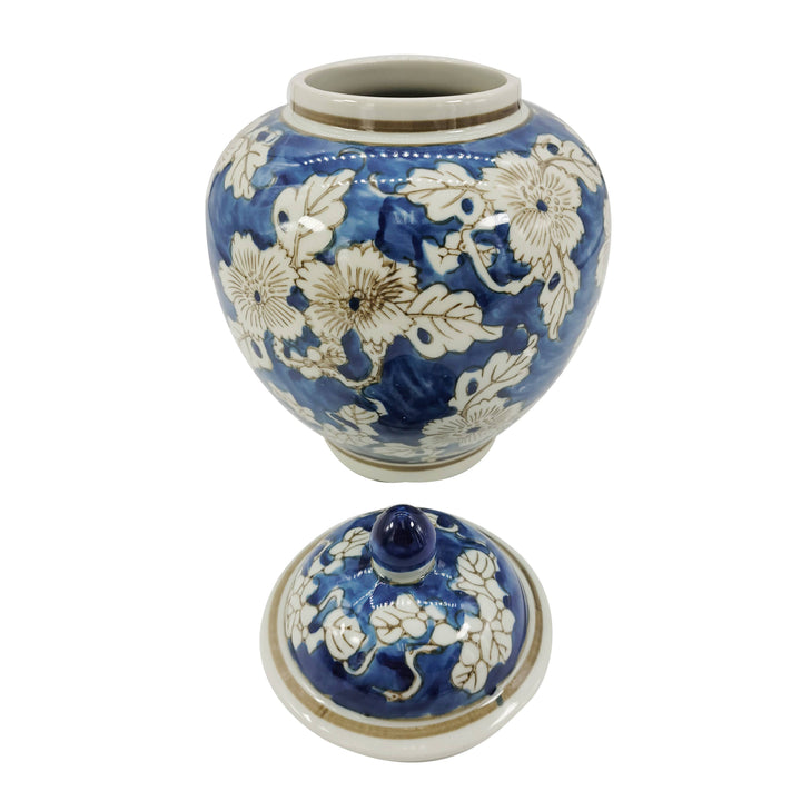 Blue & White Ceramic Chinoiserie Floral Jar 10"