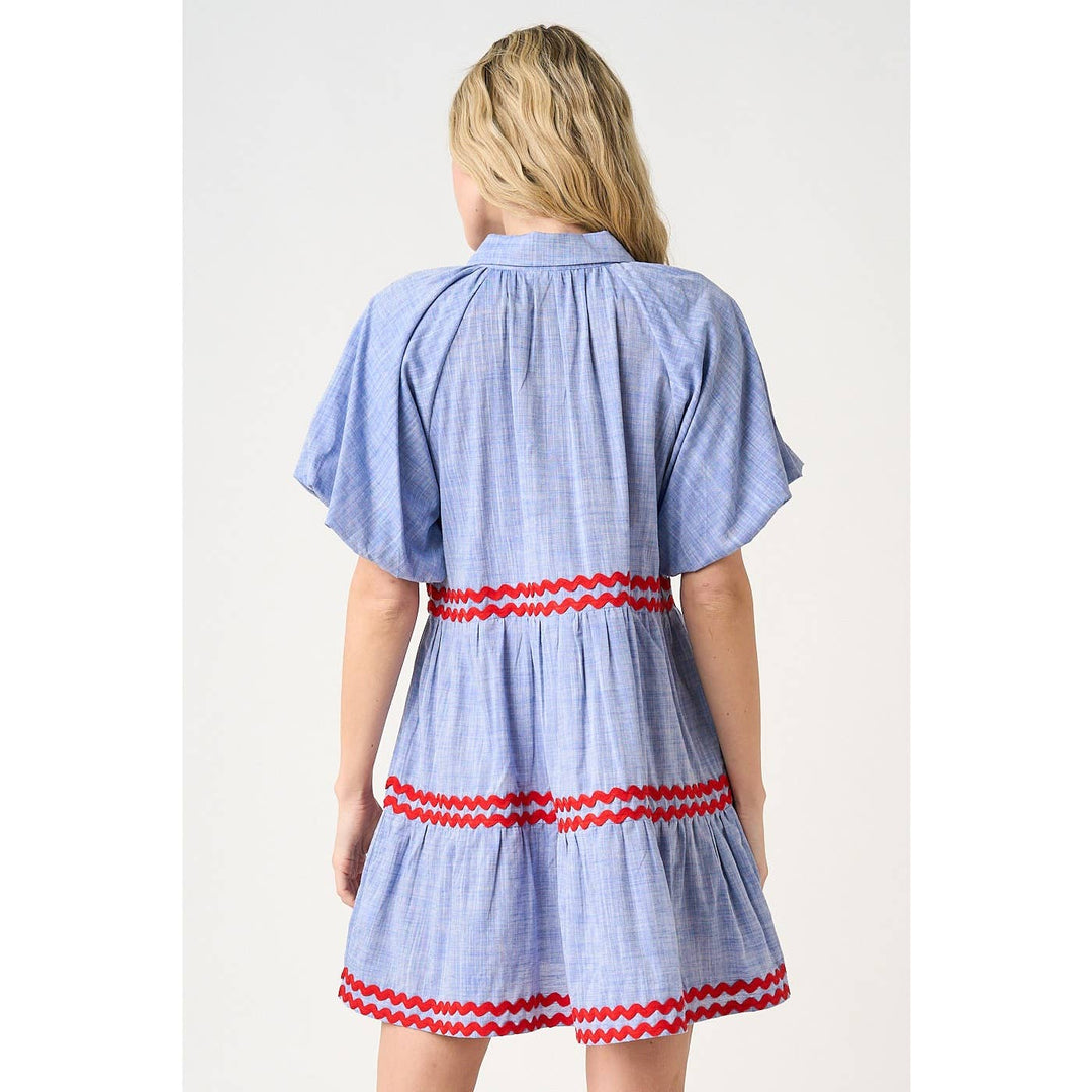 CHAMBRAY ZIG ZAG CONTRAST BUBBLE SLEEVE MINI DRESS