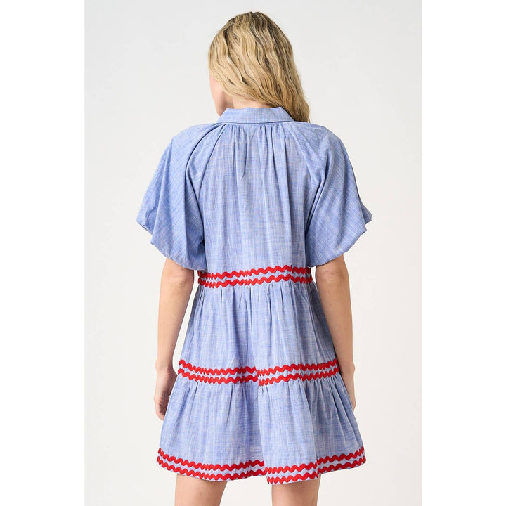 CHAMBRAY ZIG ZAG CONTRAST BUBBLE SLEEVE MINI DRESS