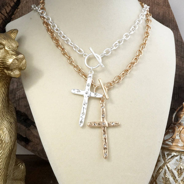 Divine Simplicity – Hammered Cross Front Toggle Necklace