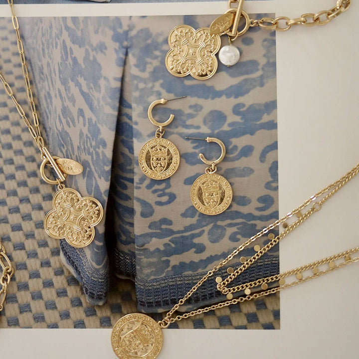 CANVAS Style x MaryCatherineStudio French Coin Drop Hoop Earrings in Worn Gold