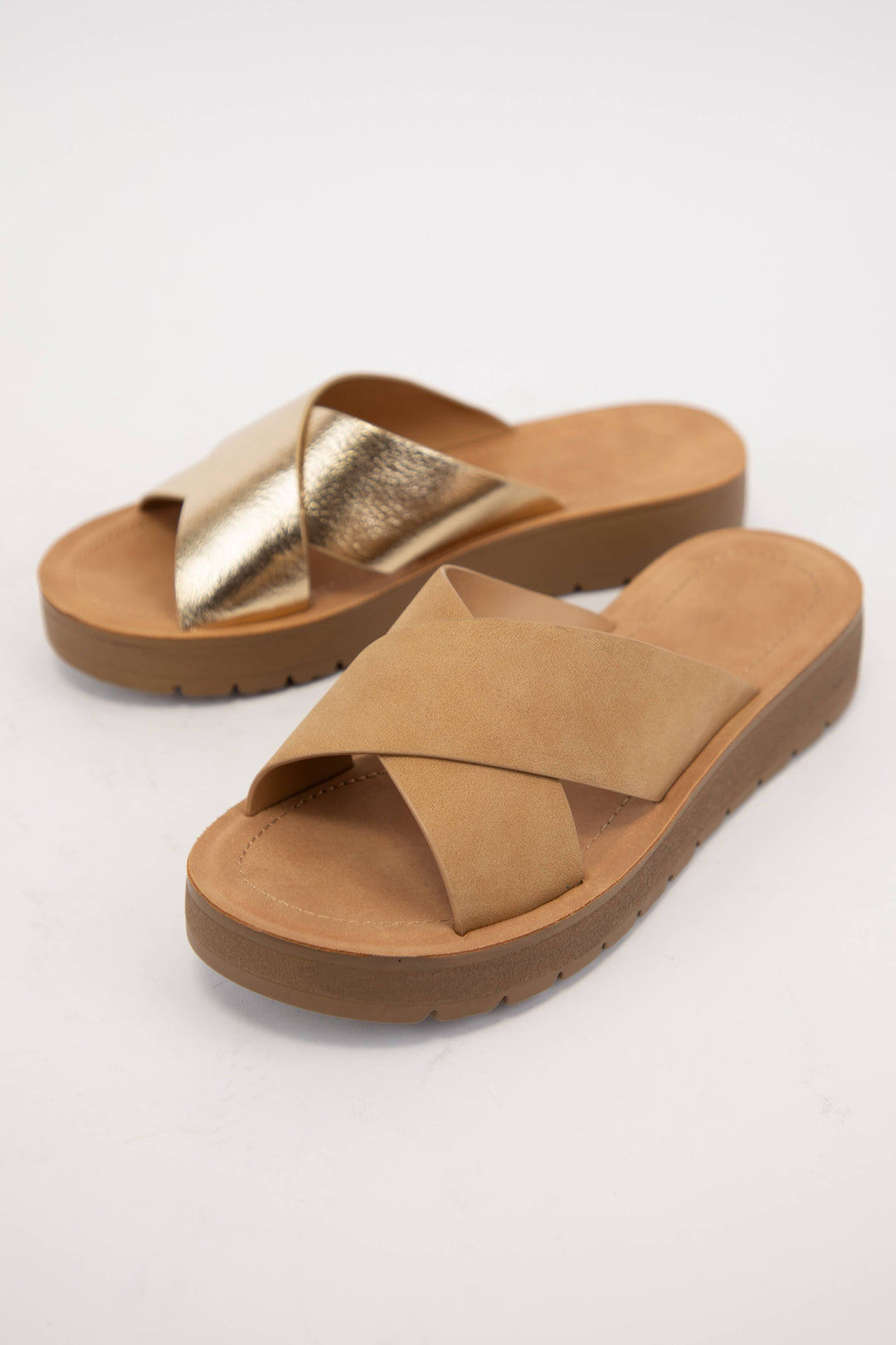 LUCY LIGHT-WEIGHT WEDGE PLATFORM CROSS STRAP SLIDE SANDAL
