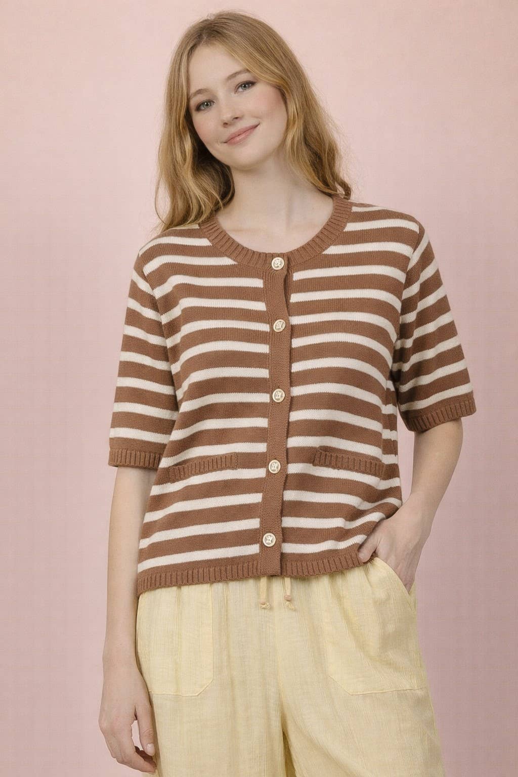 Stripe Button Down Knit Sweater Top Kelly Green