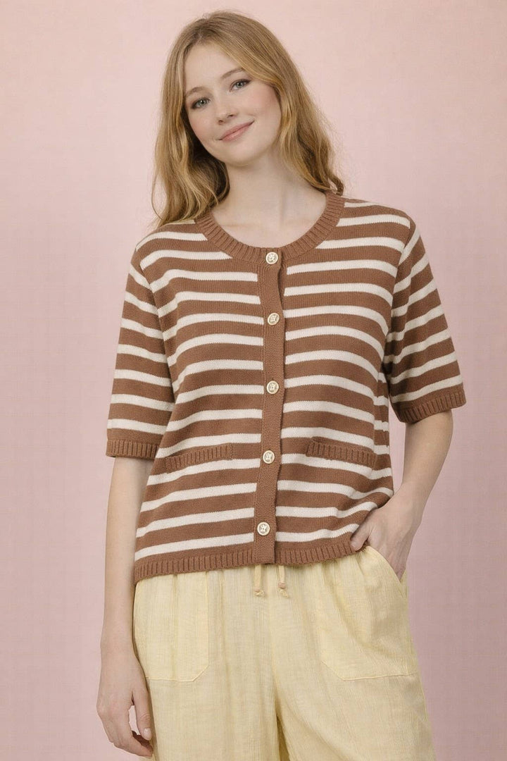 Stripe Button Down Knit Sweater Top Kelly Green
