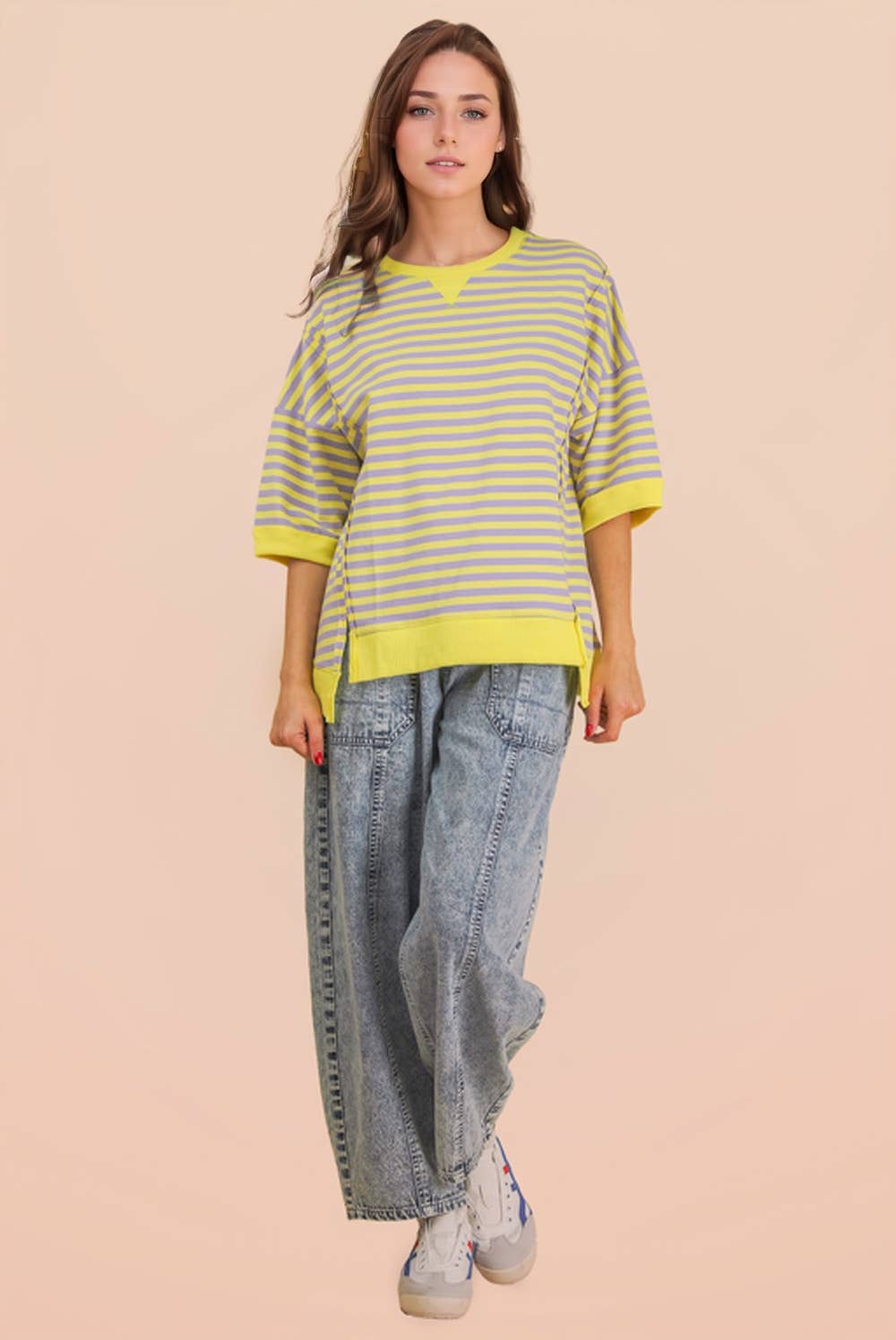 Oversized Stripe Casual Knit Top: LAVENDER/LEMON