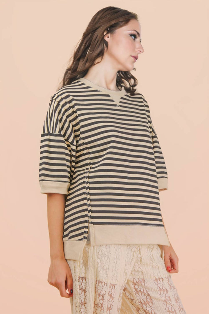 Oversized Stripe Casual Knit Top: LAVENDER/LEMON