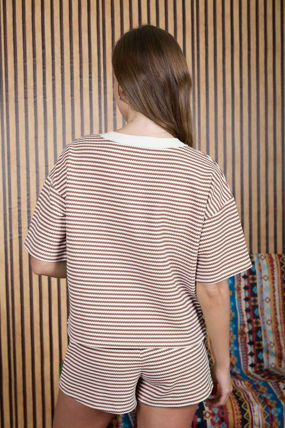 ZIG ZAG STRIPE PATTERN HENLEY KNIT TOP & SHORT SET