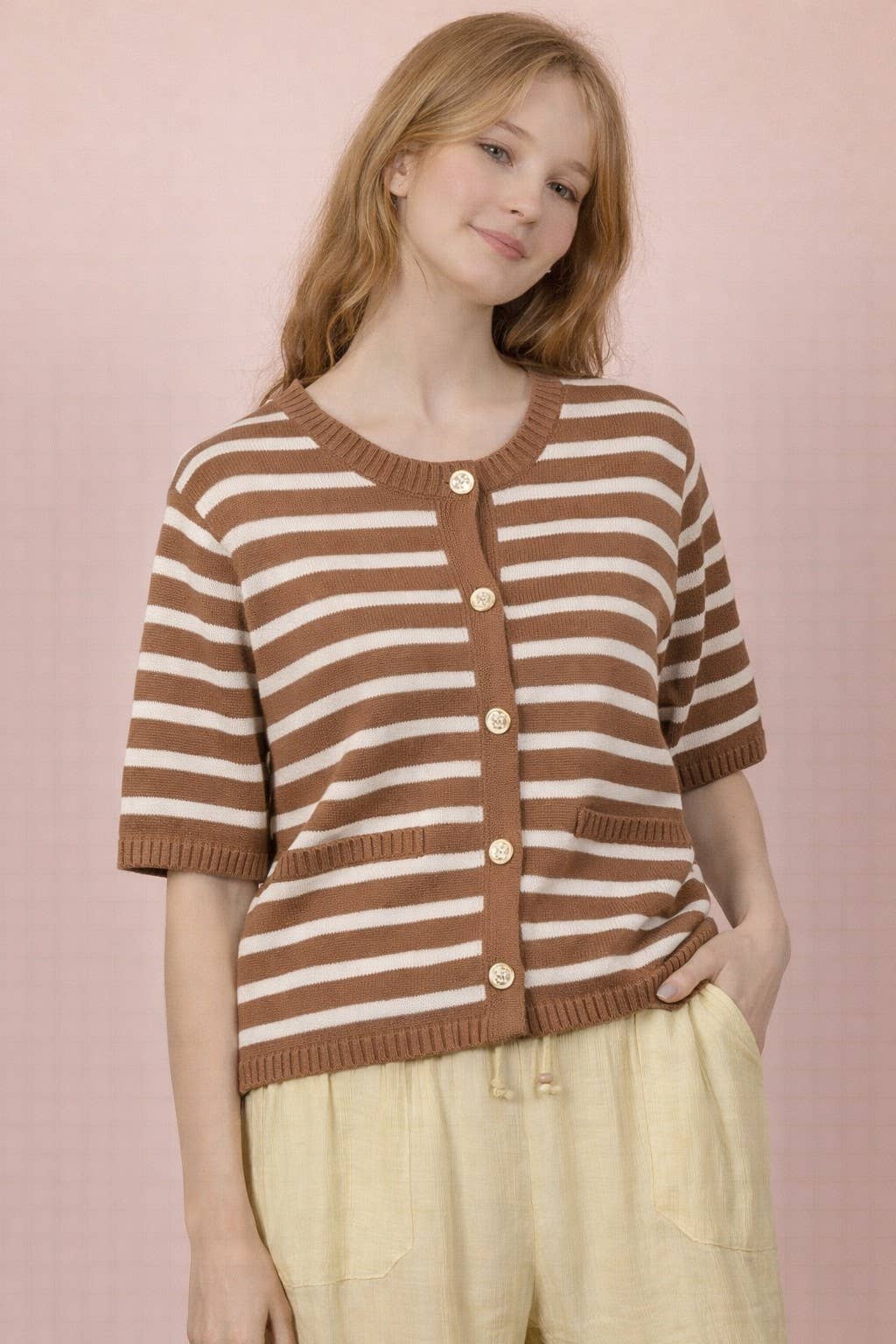 Stripe Button Down Knit Sweater Top Kelly Green