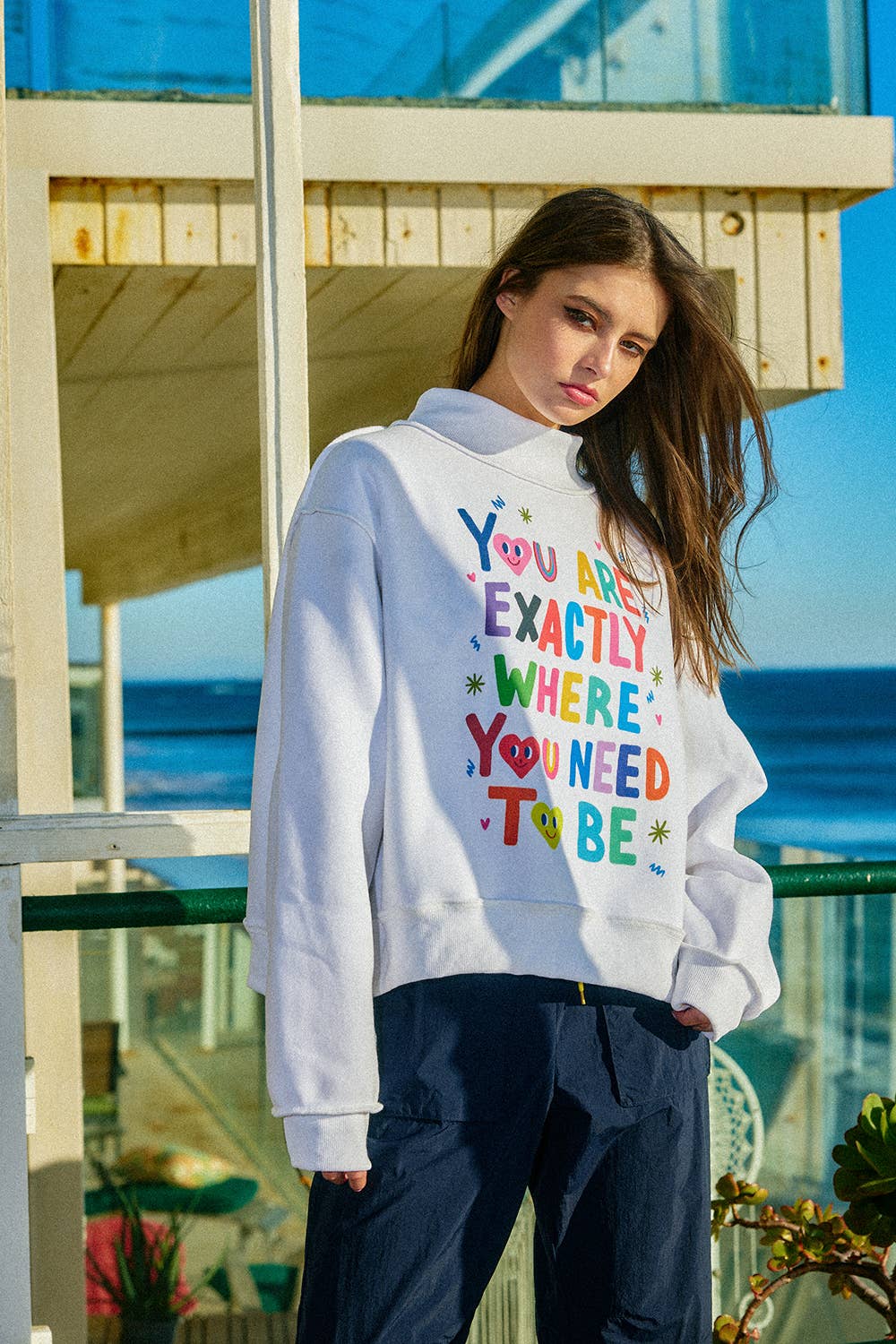Reversible Graphic Mock-Neck Crop Sweatshirt