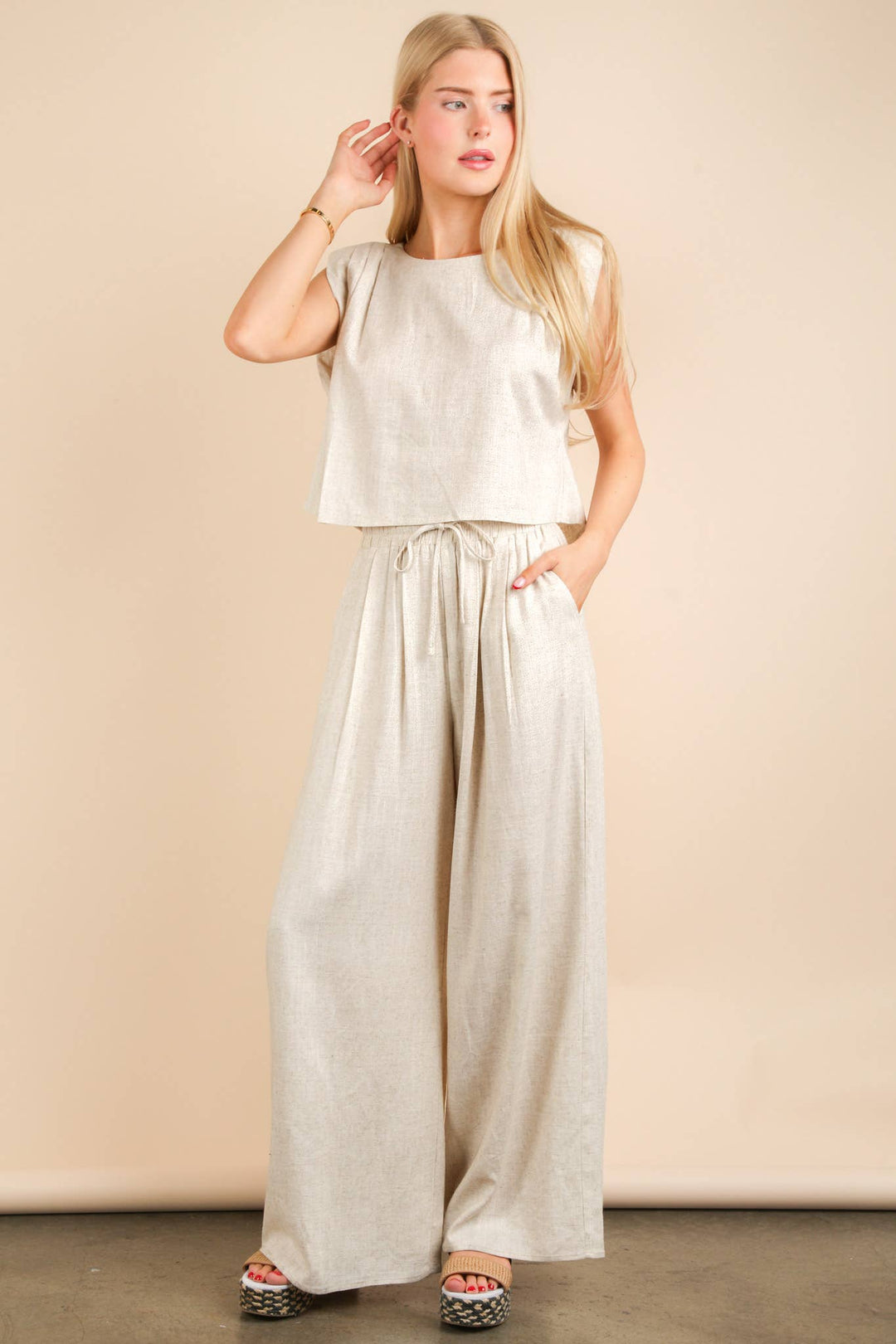 NT12090SET-Solid Woven Top & Pants Set