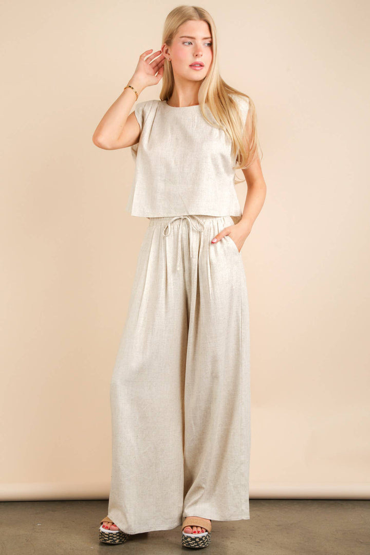 NT12090SET-Solid Woven Top & Pants Set