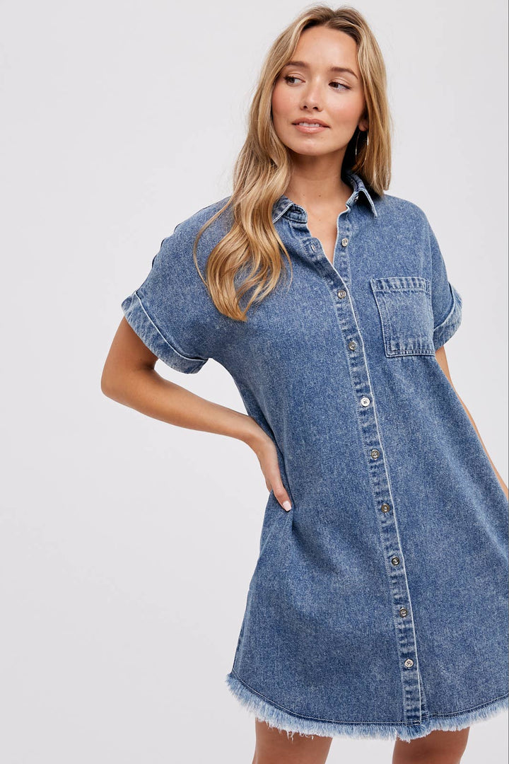 FRAYED HEM WASHED DENIM SHIRT DRESS