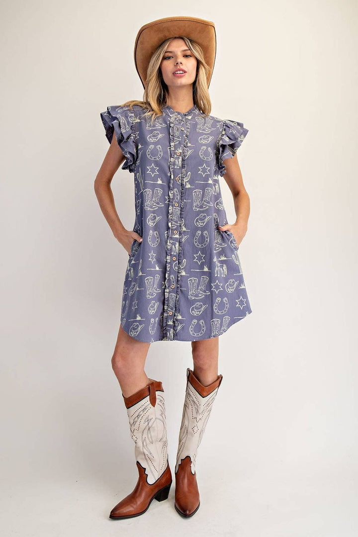 PL9120 - SOFT WASHED WESTERN GRAPHIC BUTTON DOWN MINI DRESS