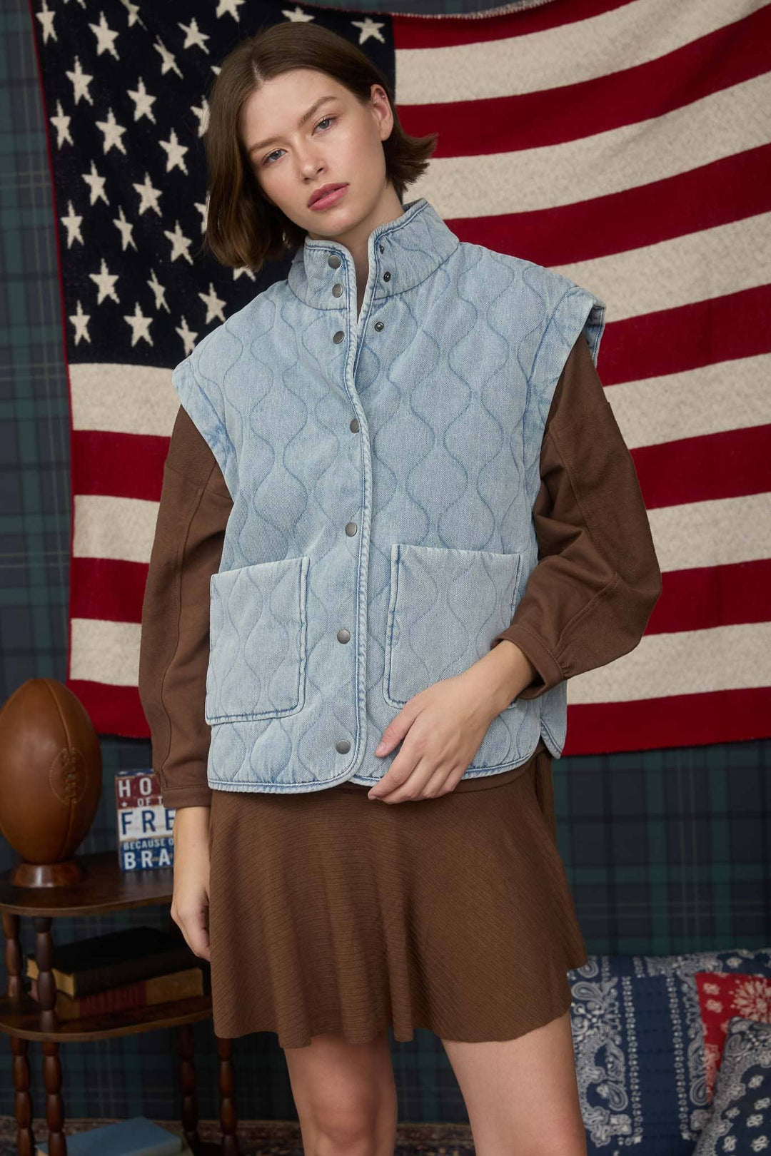 WASHED DENIM QUILTED BUTTON DOWN VEST