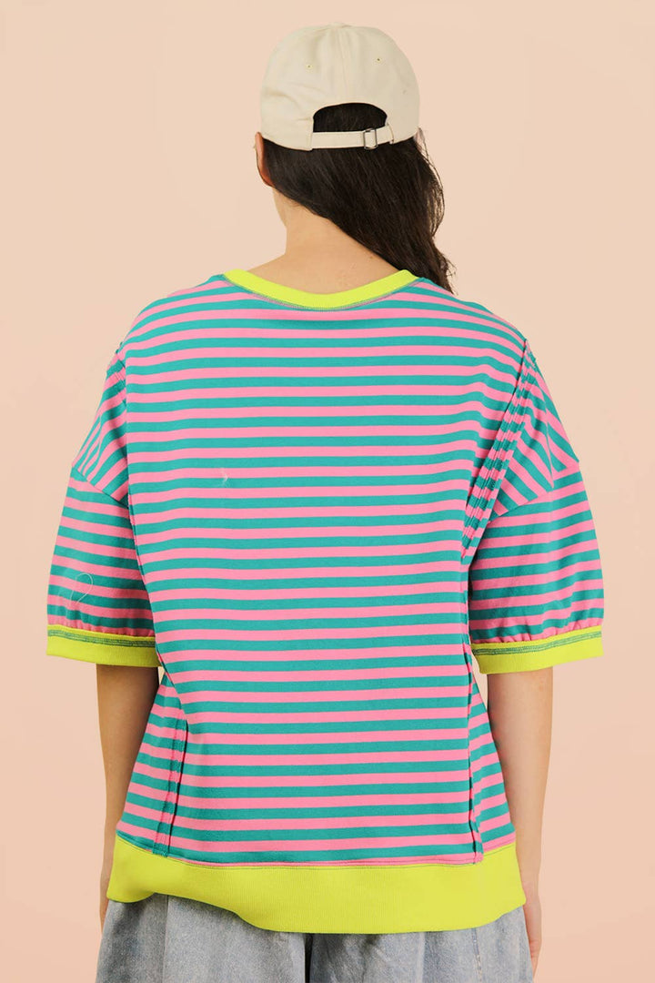 Oversized Stripe Casual Knit Top: LAVENDER/LEMON