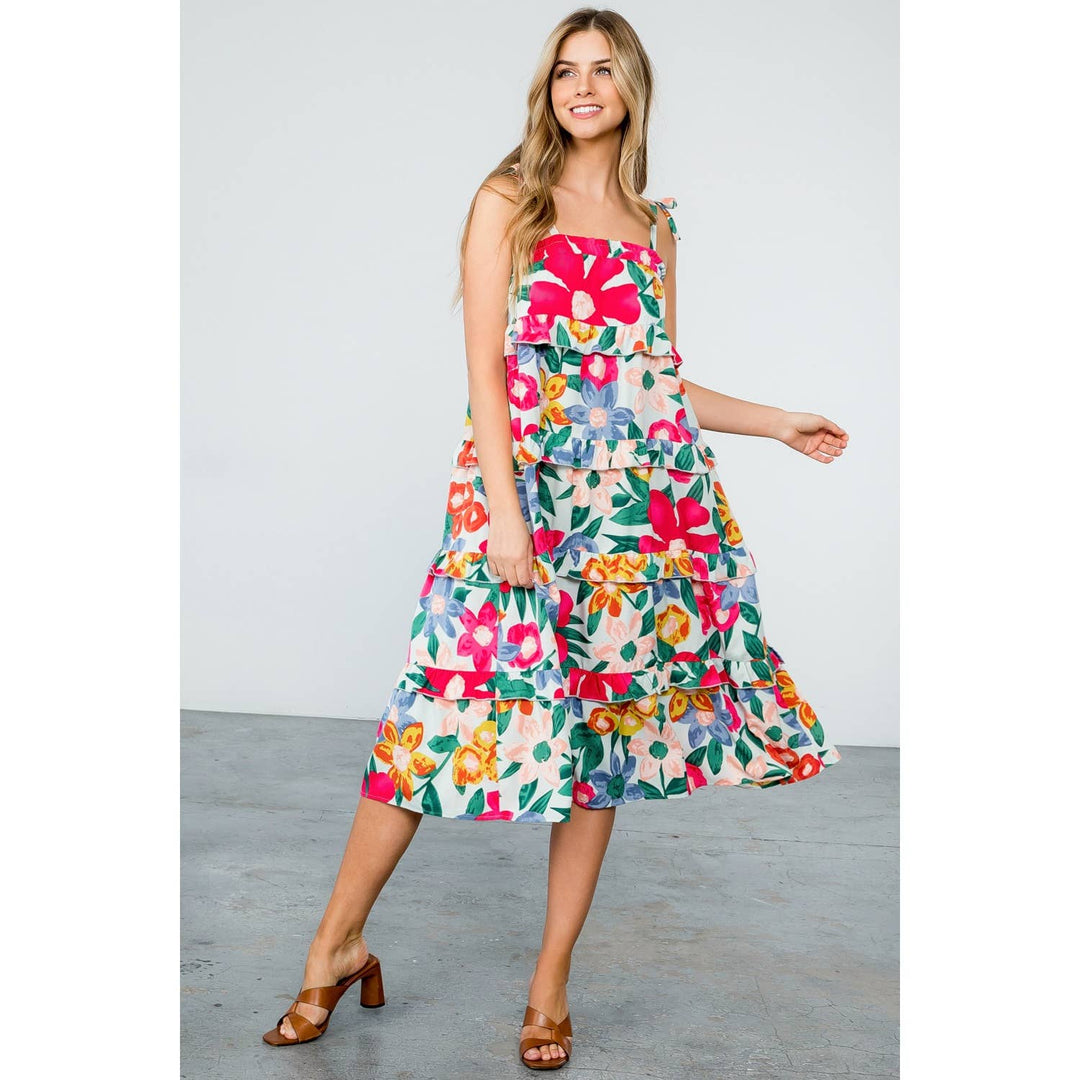 Mint Floral Midi Dress with Ruffle Tiers and Straps