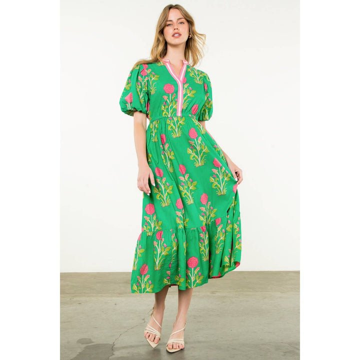 Puff Sleeve Flower Print Maxi Dress