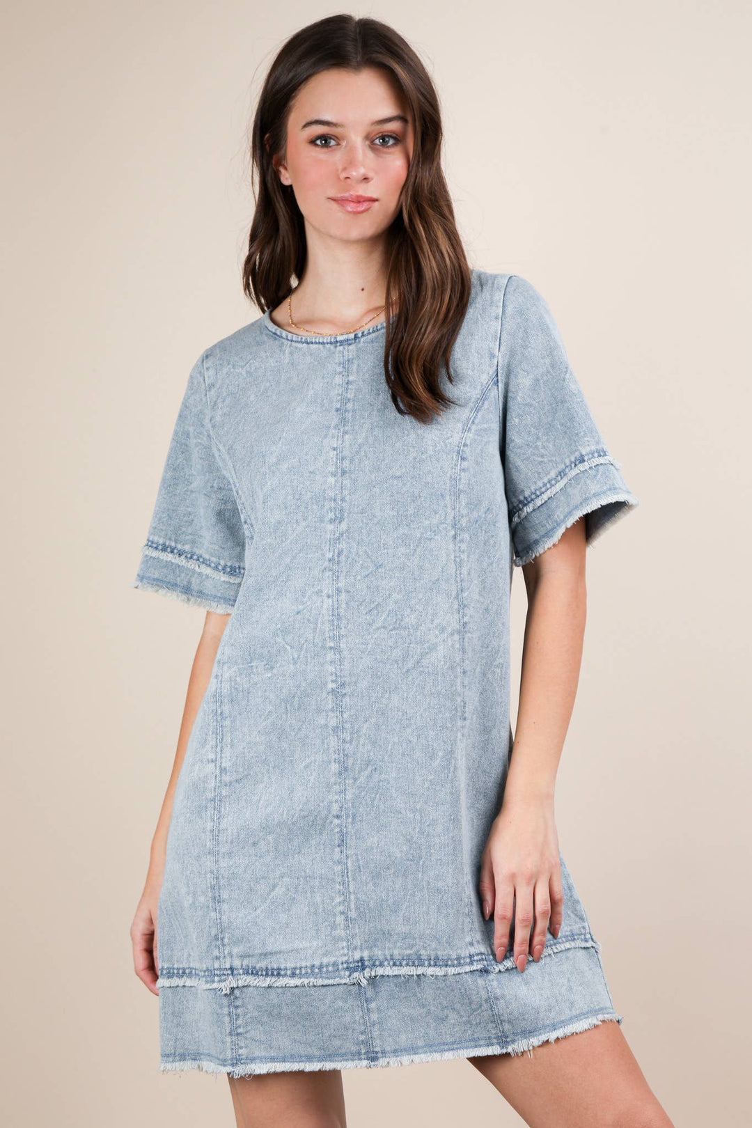 ND31576-Washed Denim Shift Mini Dress