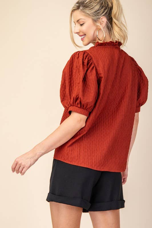 Ruffle V-Neck Puff Sleeve Top