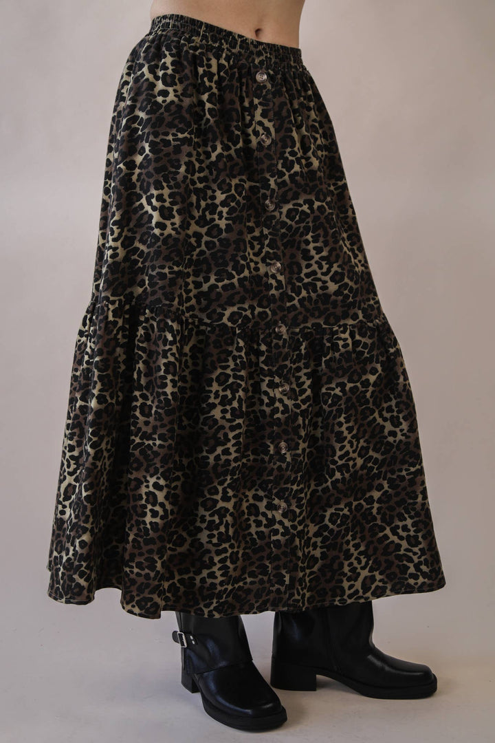 Button Down Leopard Printed Midi Skirt