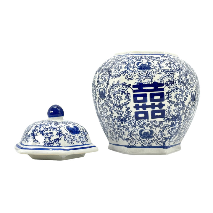 Blue & White Chinoiserie Porcelain Jar 12" Happiness