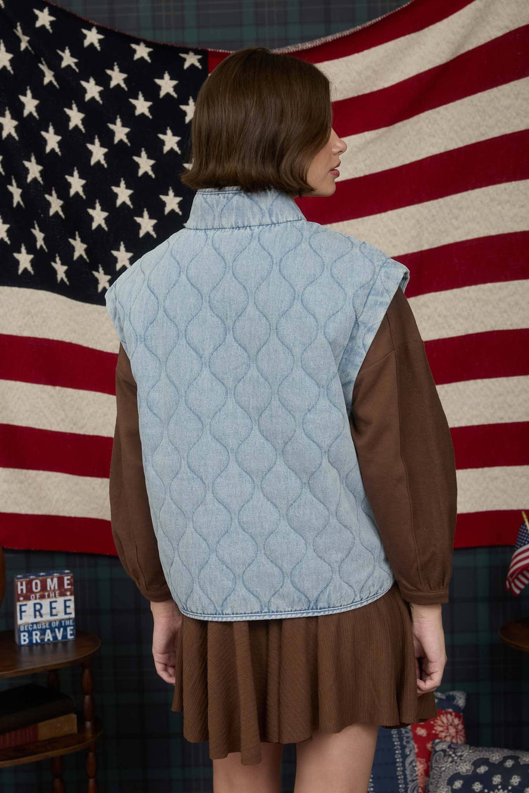 WASHED DENIM QUILTED BUTTON DOWN VEST