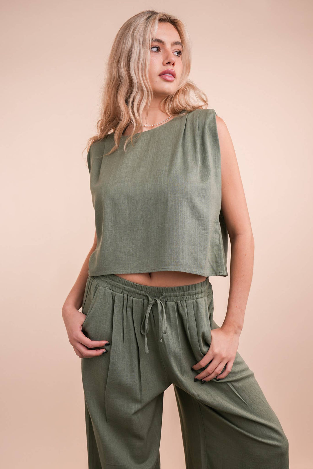 NT12090SET-Solid Woven Top & Pants Set