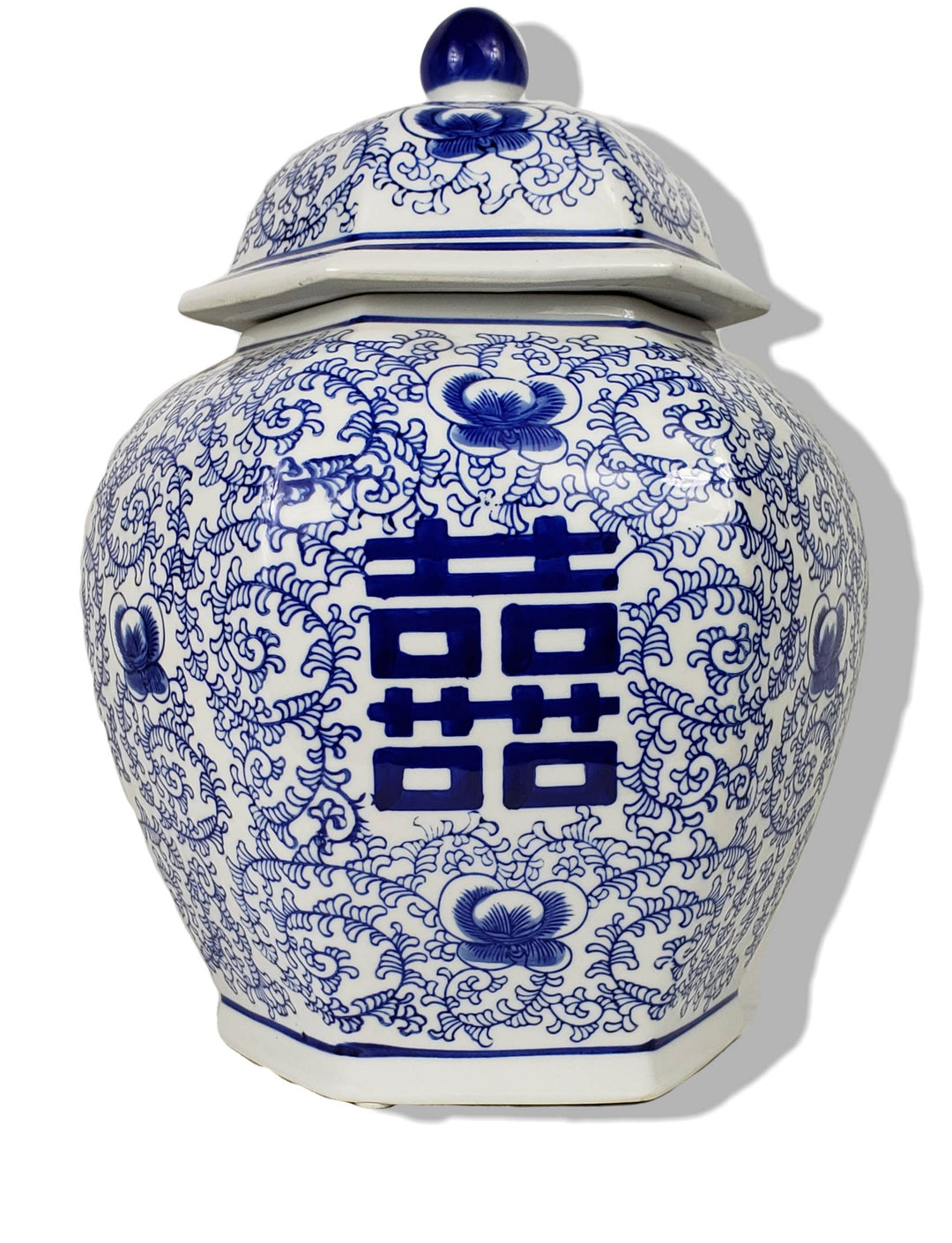 Blue & White Chinoiserie Porcelain Jar 12" Happiness